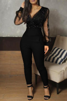 Black Fashion Casual Patchwork Sequins V Neck Regular Jumpsuits