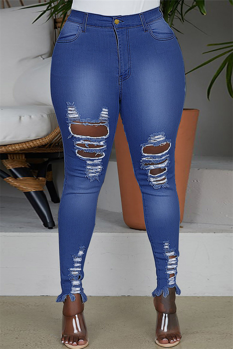 

Dark Blue Fashion Casual Solid Ripped High Waist Regular Denim Jeans