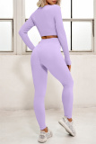 Purple Casual Sportswear Solid Basic Long Sleeve Top Shorts Two-piece Set