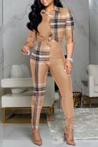 Khaki Casual Print Patchwork Turndown Collar Long Sleeve Two Pieces