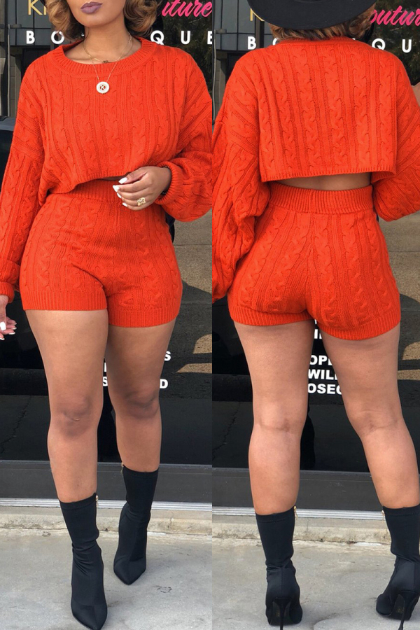 Orange Fashion Casual Solid Basic O Neck Long Sleeve Two Pieces