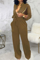 Khaki Casual Solid Bandage Patchwork Buckle Turndown Collar Straight Jumpsuits