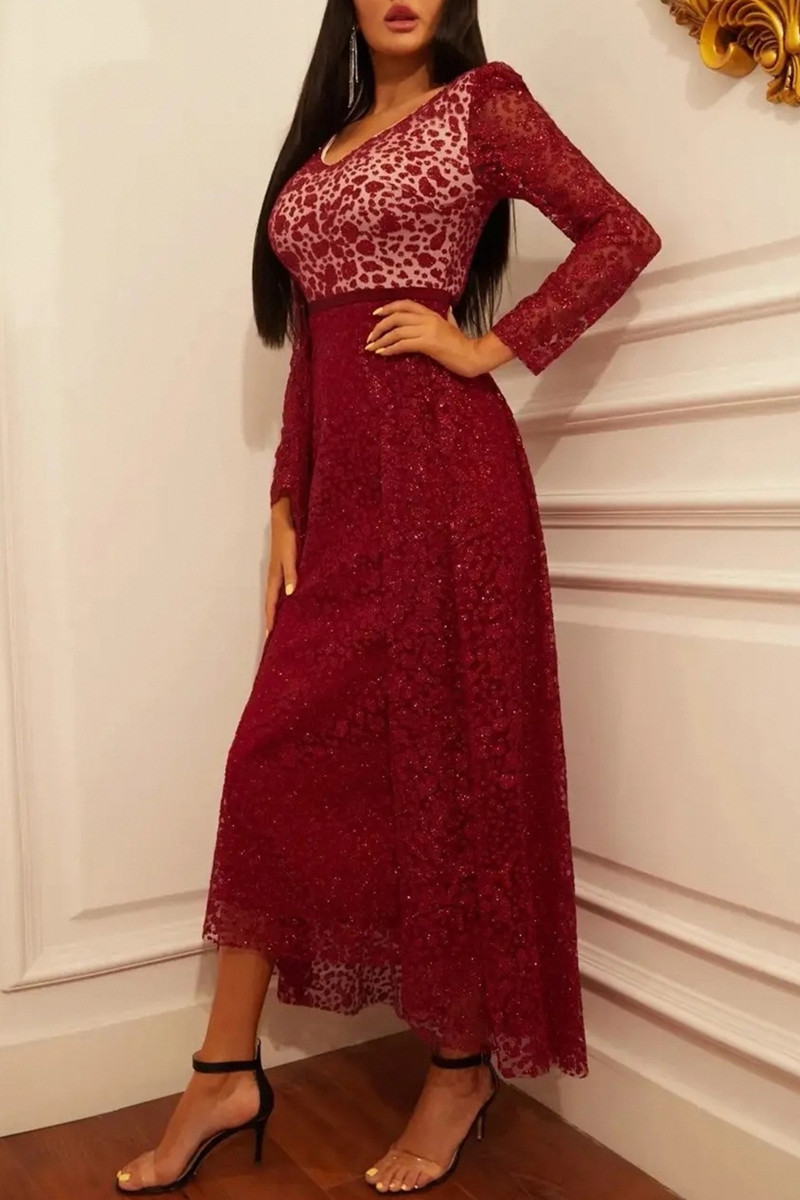 

Red Fashion Sexy Patchwork V Neck Long Sleeve Evening Dress