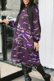 Purple Fashion Casual Camouflage Print Hollowed Out O Neck Long Sleeve Dresses