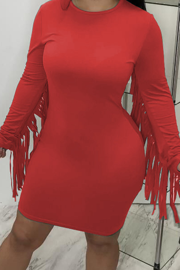 Red Fashion Casual Solid Tassel Patchwork O Neck Long Sleeve Dresses