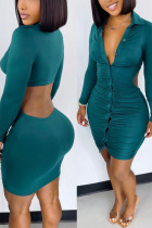 Green Sexy Solid Hollowed Out Split Joint Buckle Fold Turndown Collar One Step Skirt Dresses