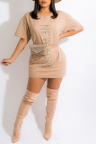 Apricot Casual Solid Patchwork Hot Drill O Neck T-shirt Dress Dresses
