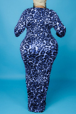 Blue Fashion Casual Print Leopard Basic O Neck Long Sleeve Plus Size Dresses