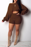Brown Fashion Casual Solid Basic O Neck Long Sleeve Two Pieces