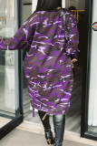 Purple Fashion Casual Camouflage Print Hollowed Out O Neck Long Sleeve Dresses