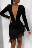 White Sexy Solid Patchwork Feathers Mesh O Neck One Step Skirt Dresses