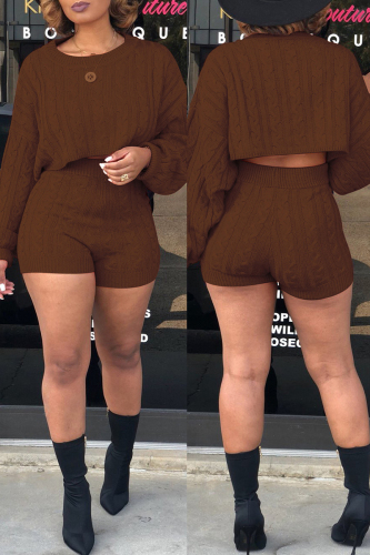 Brown Fashion Casual Solid Basic O Neck Long Sleeve Two Pieces