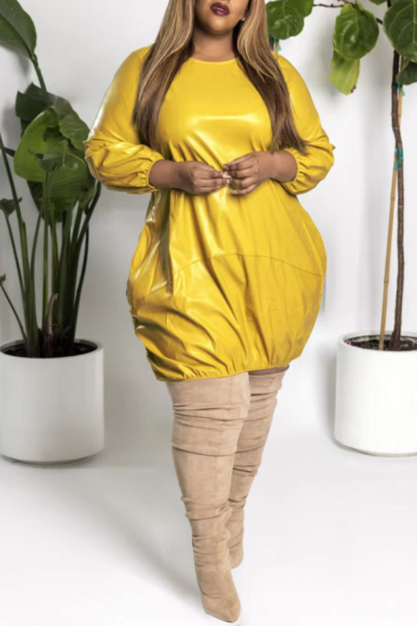 Yellow Casual Solid Patchwork O Neck Long Sleeve Plus Size Dresses