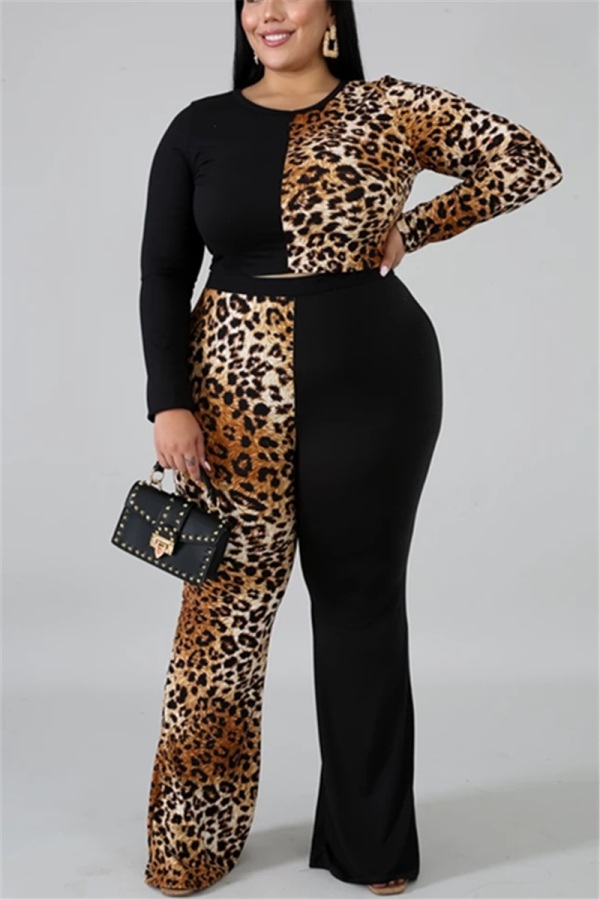 Black venetian Casual Print Leopard Two Piece Suits Patchwork Loose Long Sleeve Two-piece Pants Set