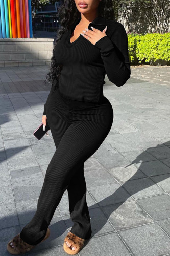 Black Casual Solid Patchwork V Neck Long Sleeve Two Pieces