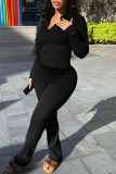 Black Casual Solid Patchwork V Neck Long Sleeve Two Pieces