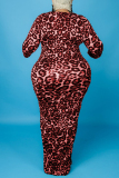 Burgundy Fashion Casual Print Leopard Basic O Neck Long Sleeve Plus Size Dresses