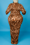 Burgundy Fashion Casual Print Leopard Basic O Neck Long Sleeve Plus Size Dresses