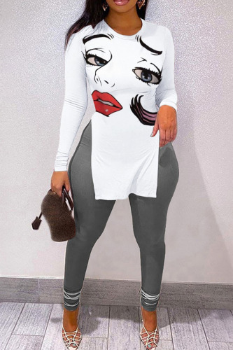 White Casual Letter Print Patchwork Slit O Neck Long Sleeve Two Pieces