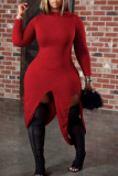 Red Sexy Solid Patchwork Asymmetrical O Neck Irregular Dress Dresses