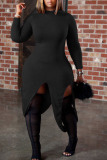 Black Sexy Solid Patchwork Asymmetrical O Neck Irregular Dress Dresses