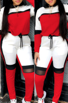 Red Fashion Casual Patchwork Basic O Neck Long Sleeve Two Pieces