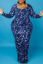 Blue Fashion Casual Print Leopard Basic O Neck Long Sleeve Plus Size Dresses