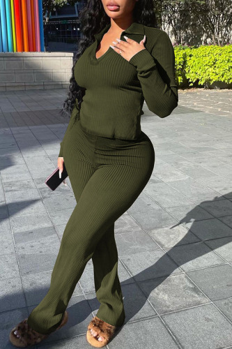 Grass Green Casual Solid Patchwork V Neck Long Sleeve Two Pieces
