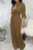 Rose Red Casual Solid Bandage Patchwork Buckle Turndown Collar Straight Jumpsuits