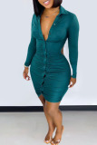 Green Sexy Solid Hollowed Out Split Joint Buckle Fold Turndown Collar One Step Skirt Dresses