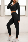 Black Casual Sportswear Solid Basic Long Sleeve Top Shorts Two-piece Set