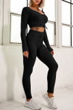 Black Casual Sportswear Solid Basic Long Sleeve Top Shorts Two-piece Set