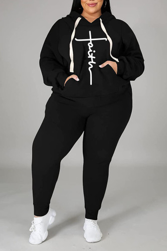 Black Casual Print Patchwork Hooded Collar Plus Size Two Pieces