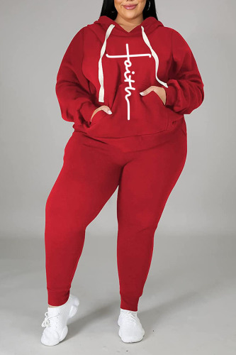 Red Casual Print Patchwork Hooded Collar Plus Size Two Pieces
