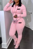 Pink Fashion Casual Letter Print Solid Color Hooded Collar Long Sleeve Two Pieces