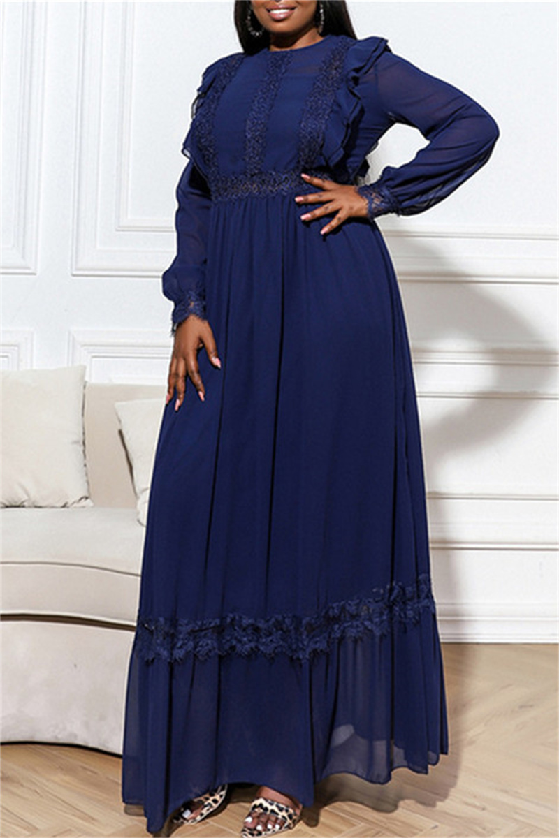 

Deep Blue Fashion Casual Solid Split Joint O Neck Long Sleeve Plus Size Dresses