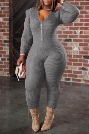 Grey Casual Solid Patchwork Zipper Hooded Collar Plus Size Jumpsuits