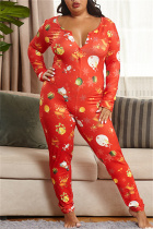 Red Fashion Casual Print Basic V Neck Plus Size Jumpsuits