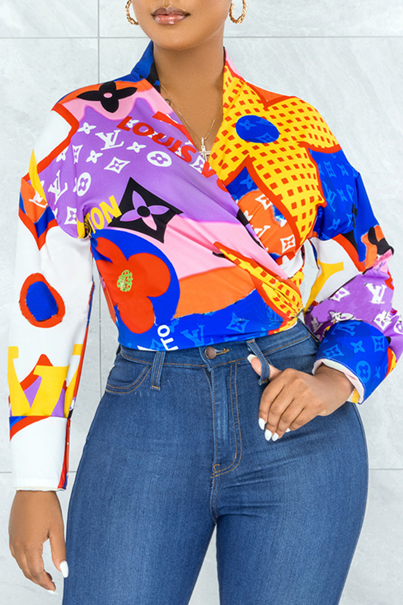 

Multicolor Fashion Sexy Print Split Joint V Neck Tops
