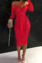 Red Fashion Sexy Print Backless Fold Off the Shoulder Long Sleeve Dresses