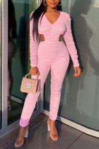 Pink Fashion Sexy Solid Hollowed Out Fold V Neck Skinny Jumpsuits