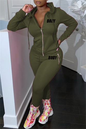 Army Green Fashion Casual Letter Print Solid Color Hooded Collar Long Sleeve Two Pieces