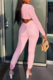 Pink Fashion Sexy Solid Hollowed Out Fold V Neck Skinny Jumpsuits