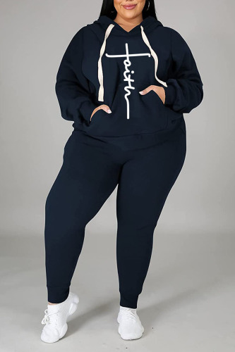 Blue Casual Print Patchwork Hooded Collar Plus Size Two Pieces
