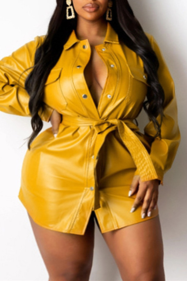 Yellow Fashion Casual Solid With Belt Turndown Collar Long Sleeve Dresses