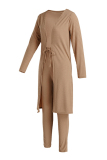 Brown Fashion Solid Cardigan Pants Long Sleeve Two Pieces