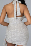 White Fashion Sexy Patchwork Hollowed Out Sequins Backless Halter Sleeveless Dress Dresses