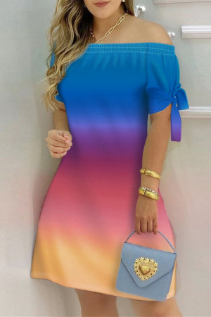 Blue Fashion Casual Print Bandage Off the Shoulder Short Sleeve Dress Dresses