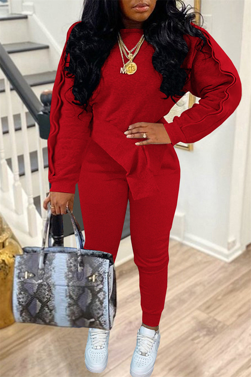 

Red Fashion Casual Solid Patchwork Asymmetrical O Neck Long Sleeve Two Pieces