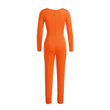 Orange Sexy Solid Hollowed Out Patchwork O Neck Straight Jumpsuits
